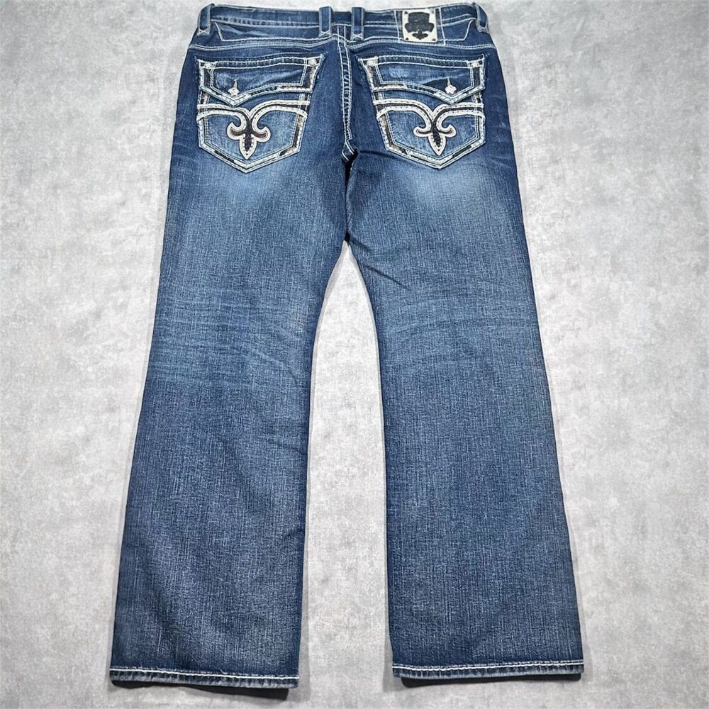 Y2K Rock Revival Mens 40x34 Kaelen Straight Embroidered Distressed Jeans